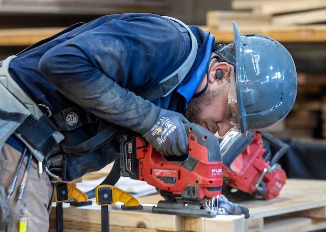 Union construction crew at work on a public building project.